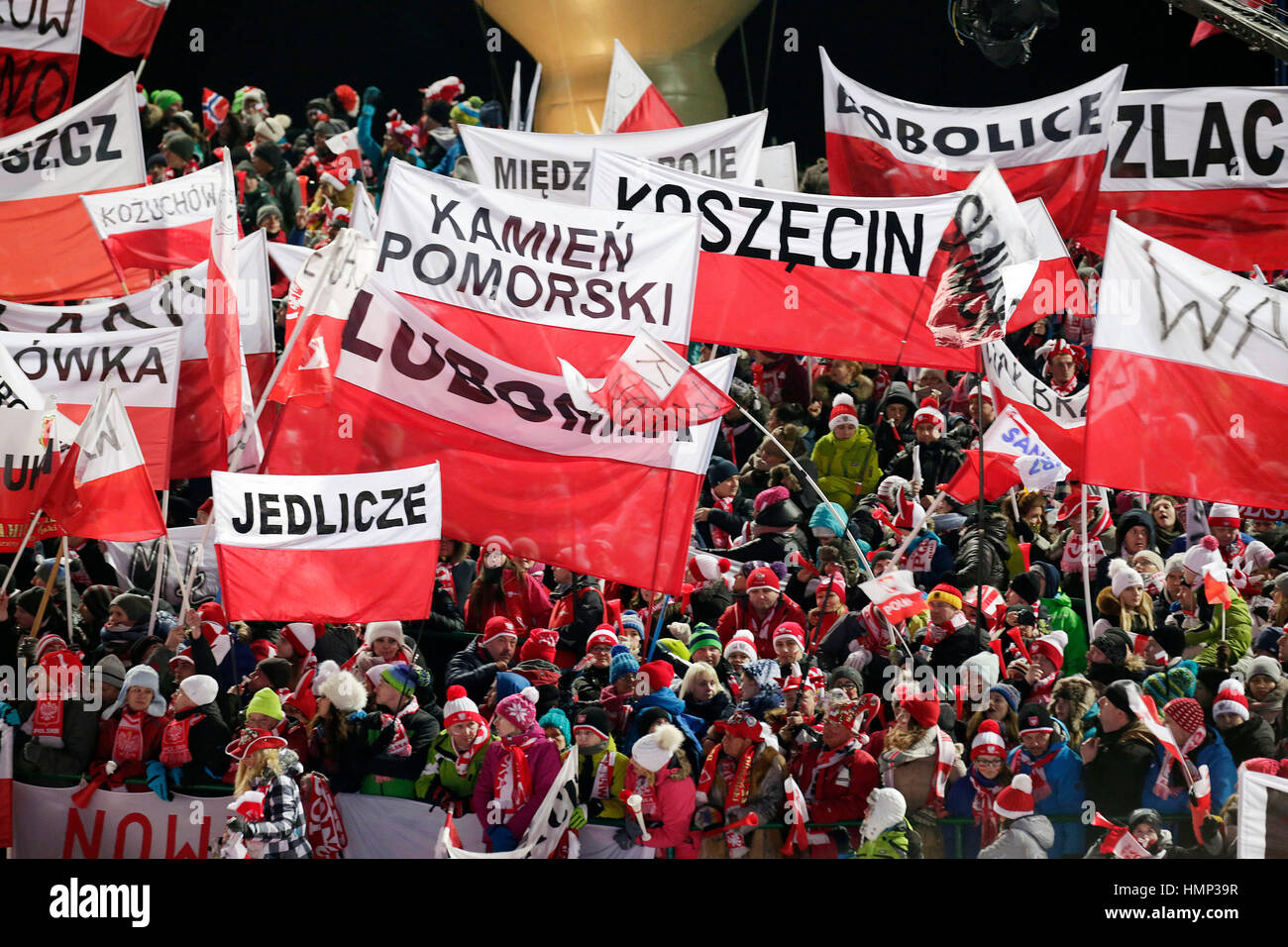 ZAKOPANE, POLAND - JANUARY 24, 2016: FIS Ski Jumping World Cup in Zakopane o/p fans Stock Photo