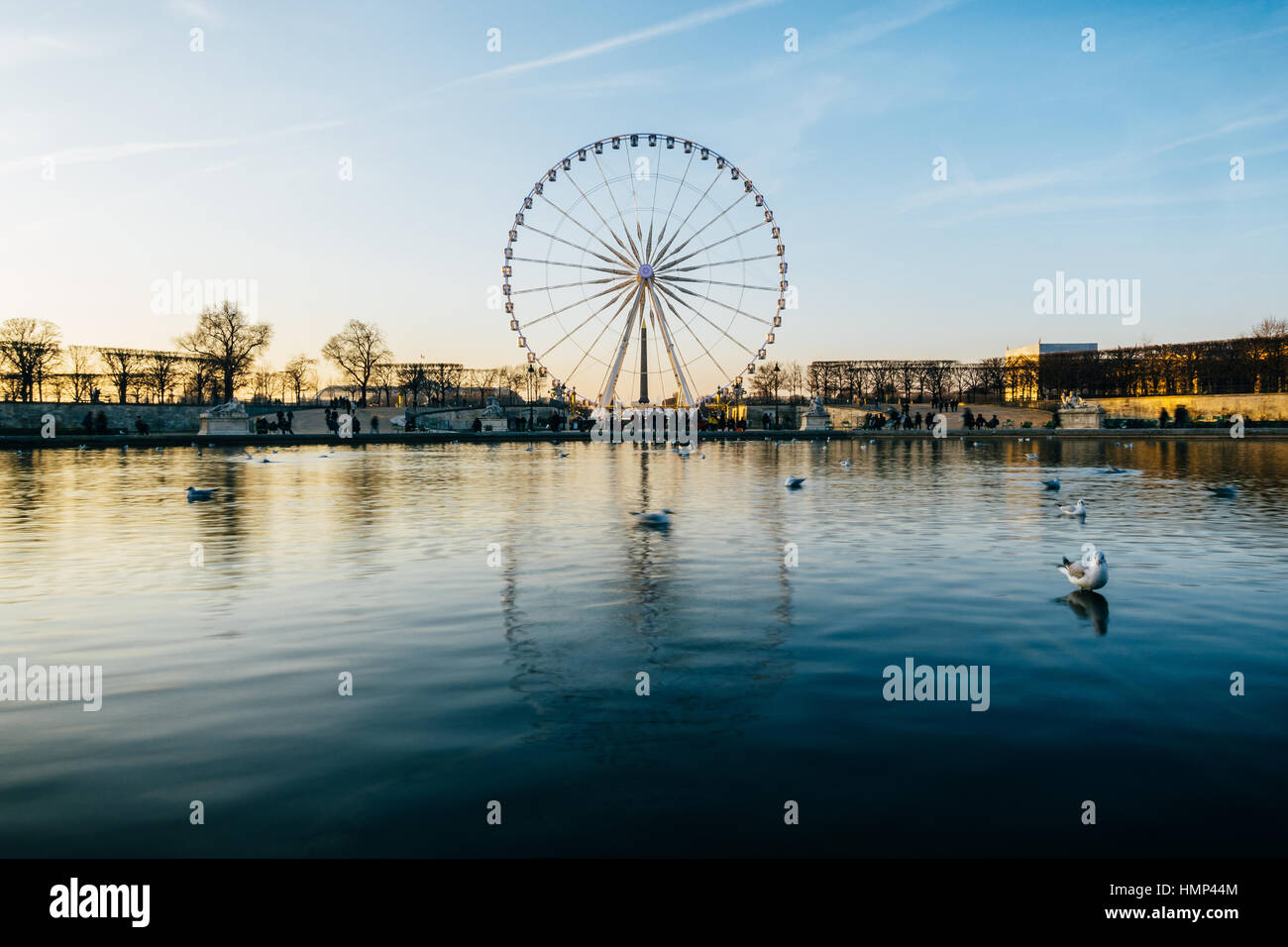 The ferris wheel on Concorde square reflects on the pond water surface in the Tuileries Garden, Paris, France. Stock Photo