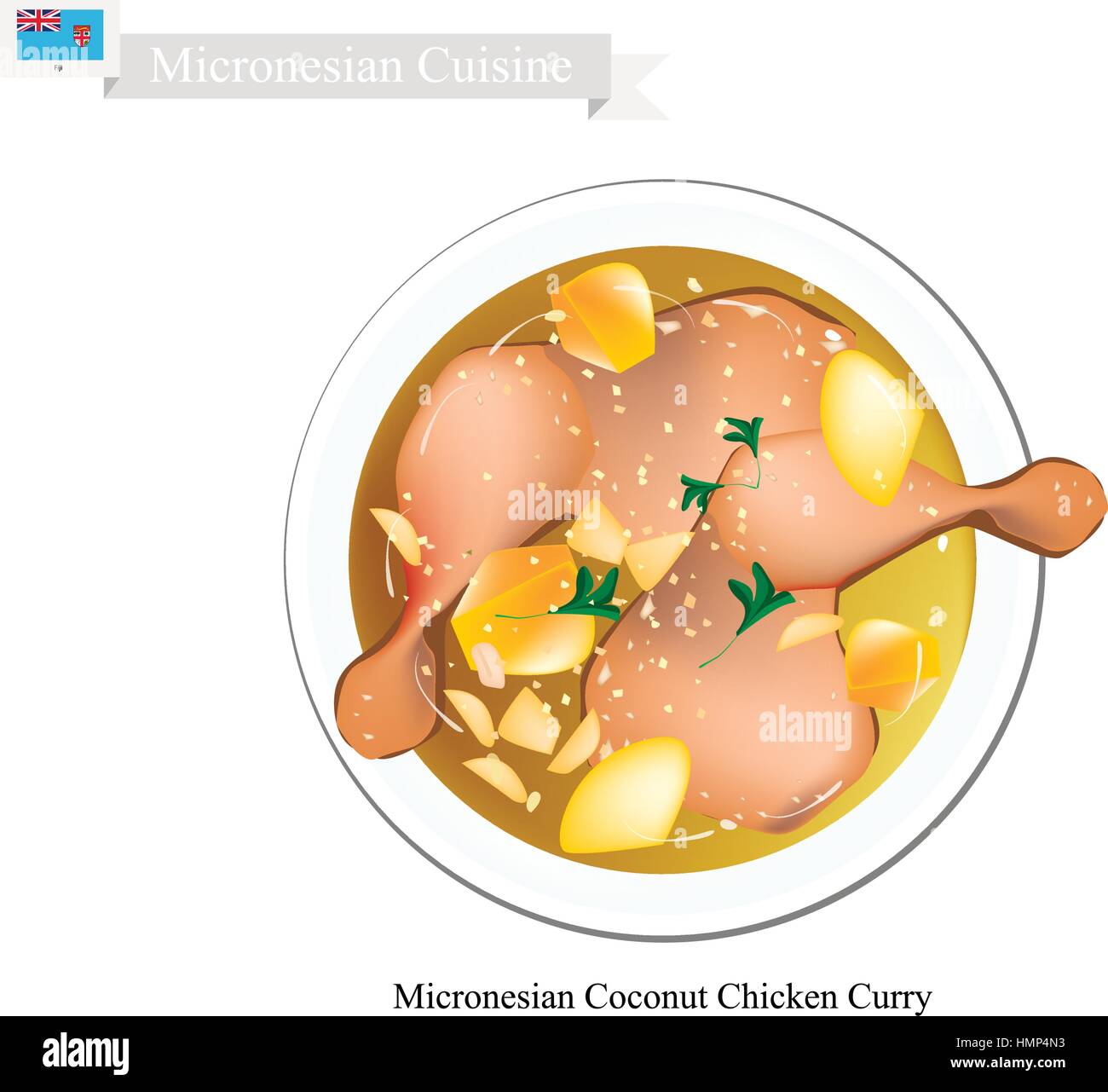 Micronesian Cuisine, Illustration of Traditional Coconut Chicken Curry Made of Chicken, Potatoes, Curry, Coconut Milk, Ginger and Garlic. One of The M Stock Vector