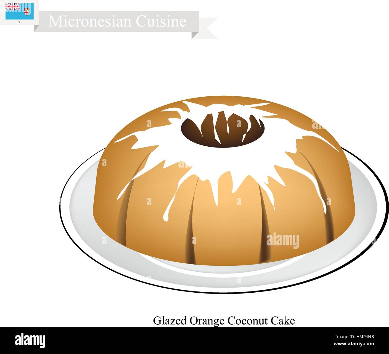 Micronesian Cuisine, Glazed Orange Coconut Cake or Traditional Big Round Cake with Hole Inside and Mirror Glaze Coating. One of Most Popular Dessert i Stock Vector