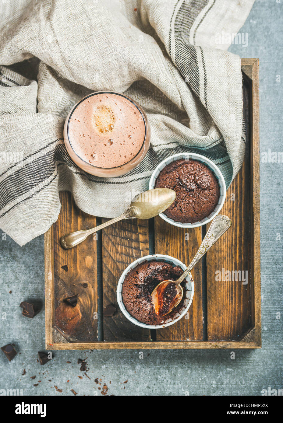 Chocolate souffle in individual baking cups and mocha coffee Stock
