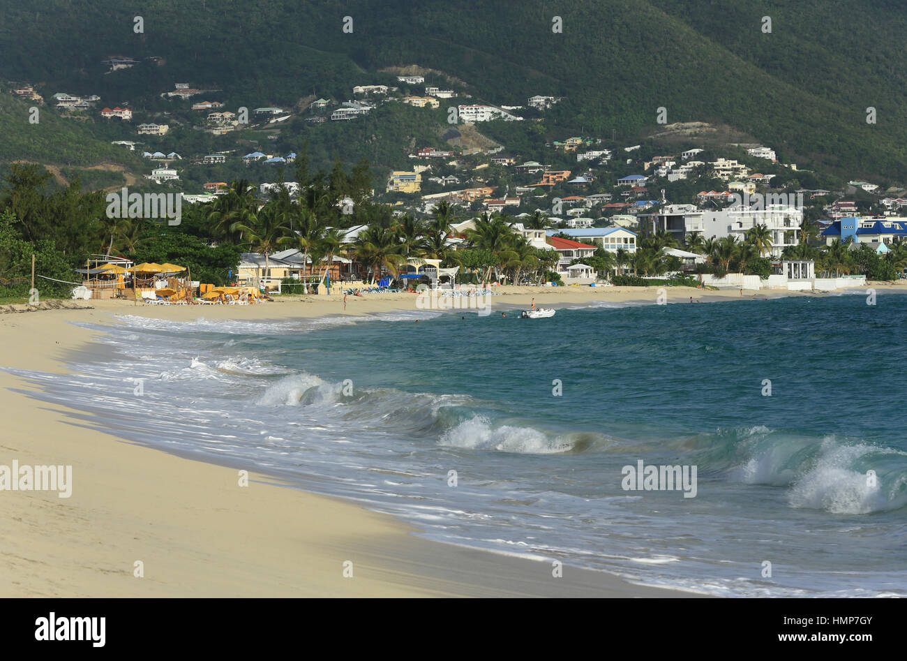 The golden sands of Simpson Bay Beach on the Caribbean Island of Sint Maarten in the Netherlands Antilles Stock Photo