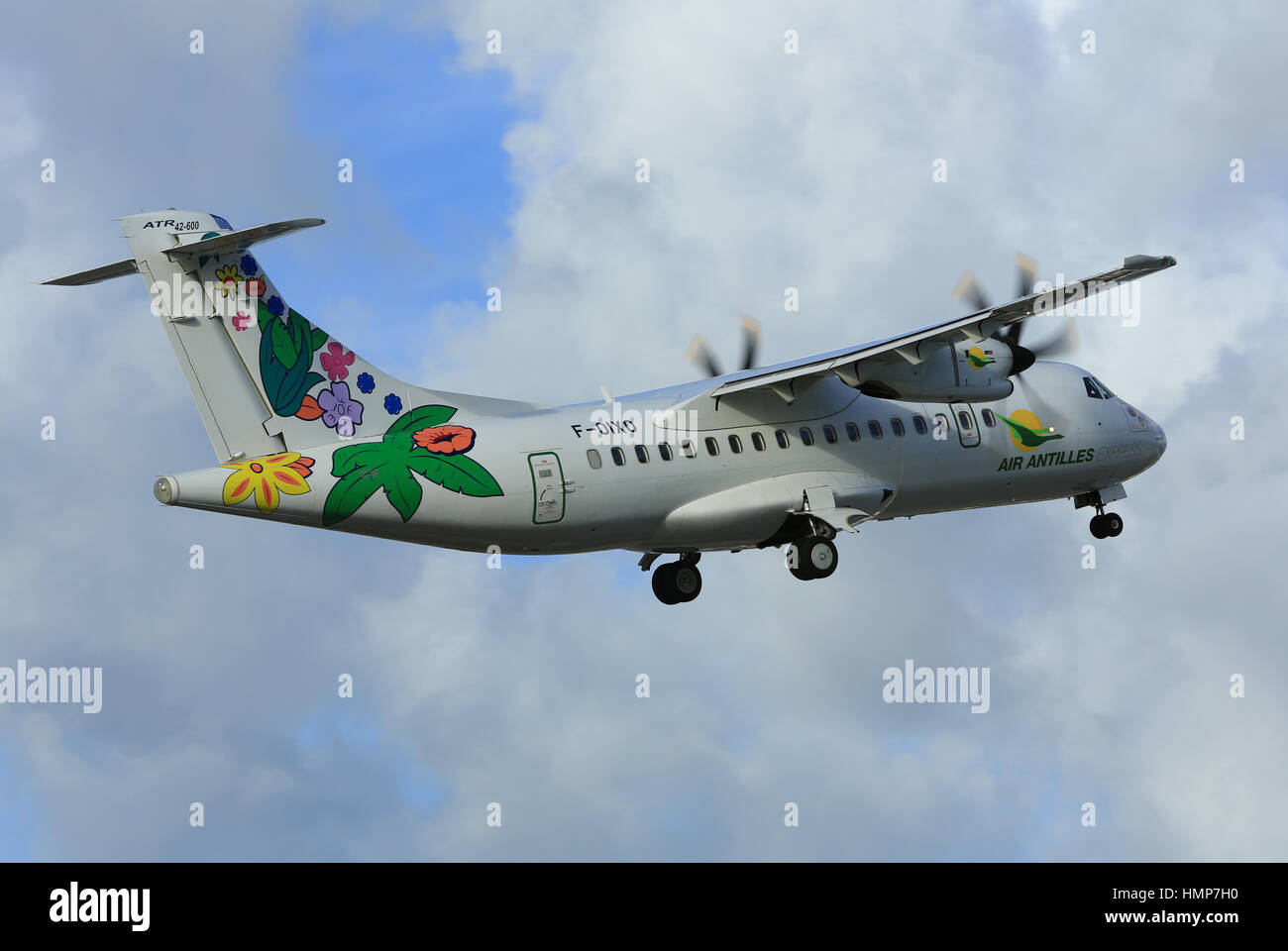 Air Antilles Express ATR aircraft departing Sint Maarten Stock Photo