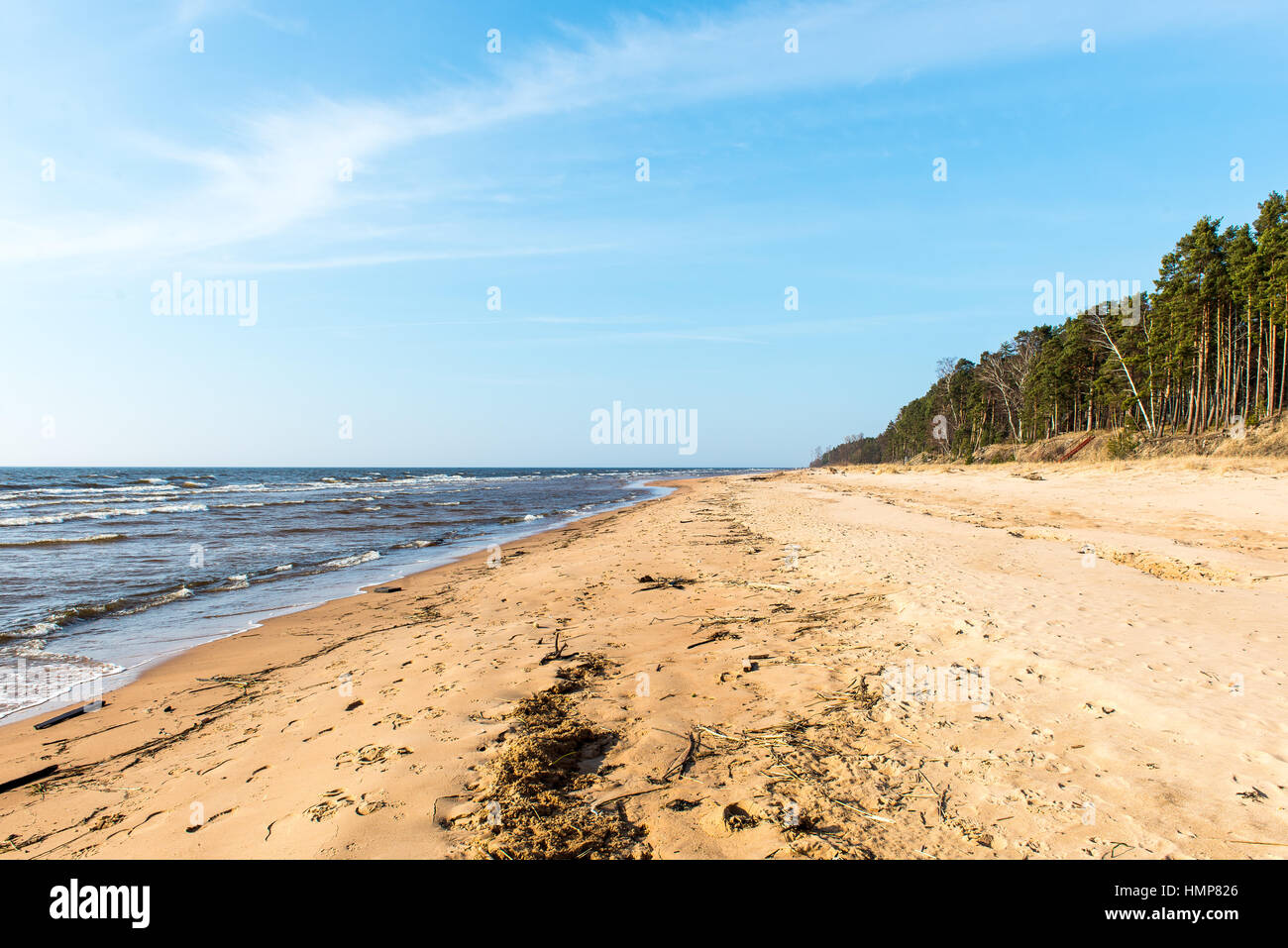 Shoreline of Baltic sea beach with rocks and sand dunes under clouds ...