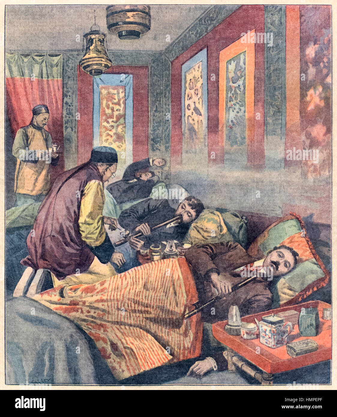 ‘Opium smoking in France’ front cover illustration of an opium den in France from ‘Le Petit Parisien‘ 1907 discussing the rise of opium smoking in France and the opening of dens in port cities. Of particular concern was the growing number of military personnel returning from French Indochina addicted to opium fueling demand in mainland France. In October 1908 strict controls on the sale and use of opium were introduced. See description for more information. Stock Photo