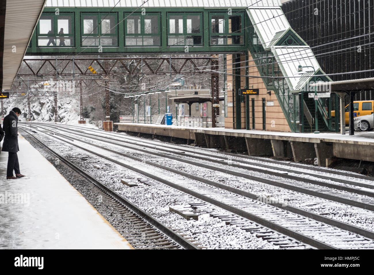 Greenwich Train Station in a Snowstorm, Connecticut, USA Stock Photo