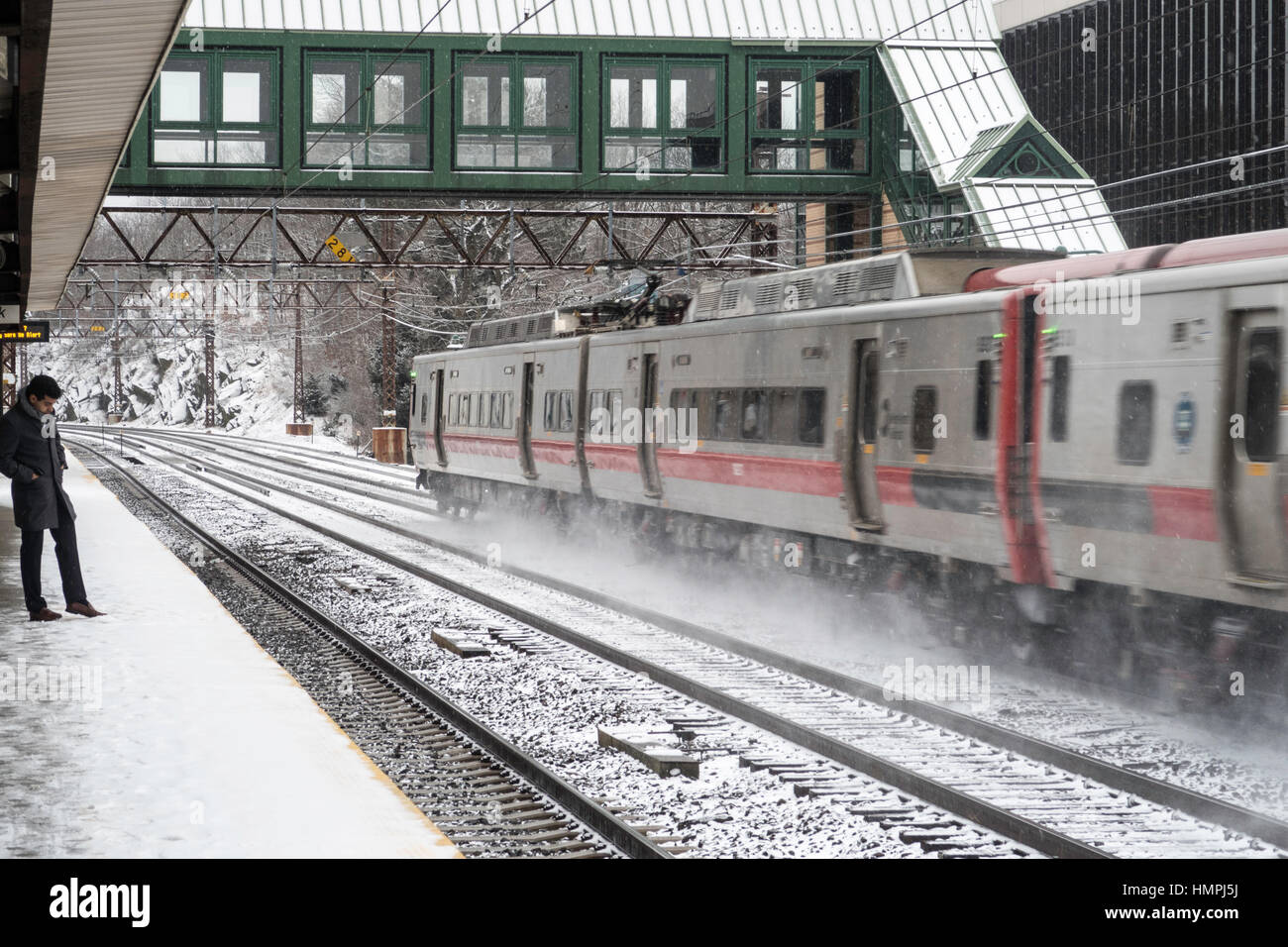 Greenwich Train Station in a Snowstorm, Connecticut, USA Stock Photo