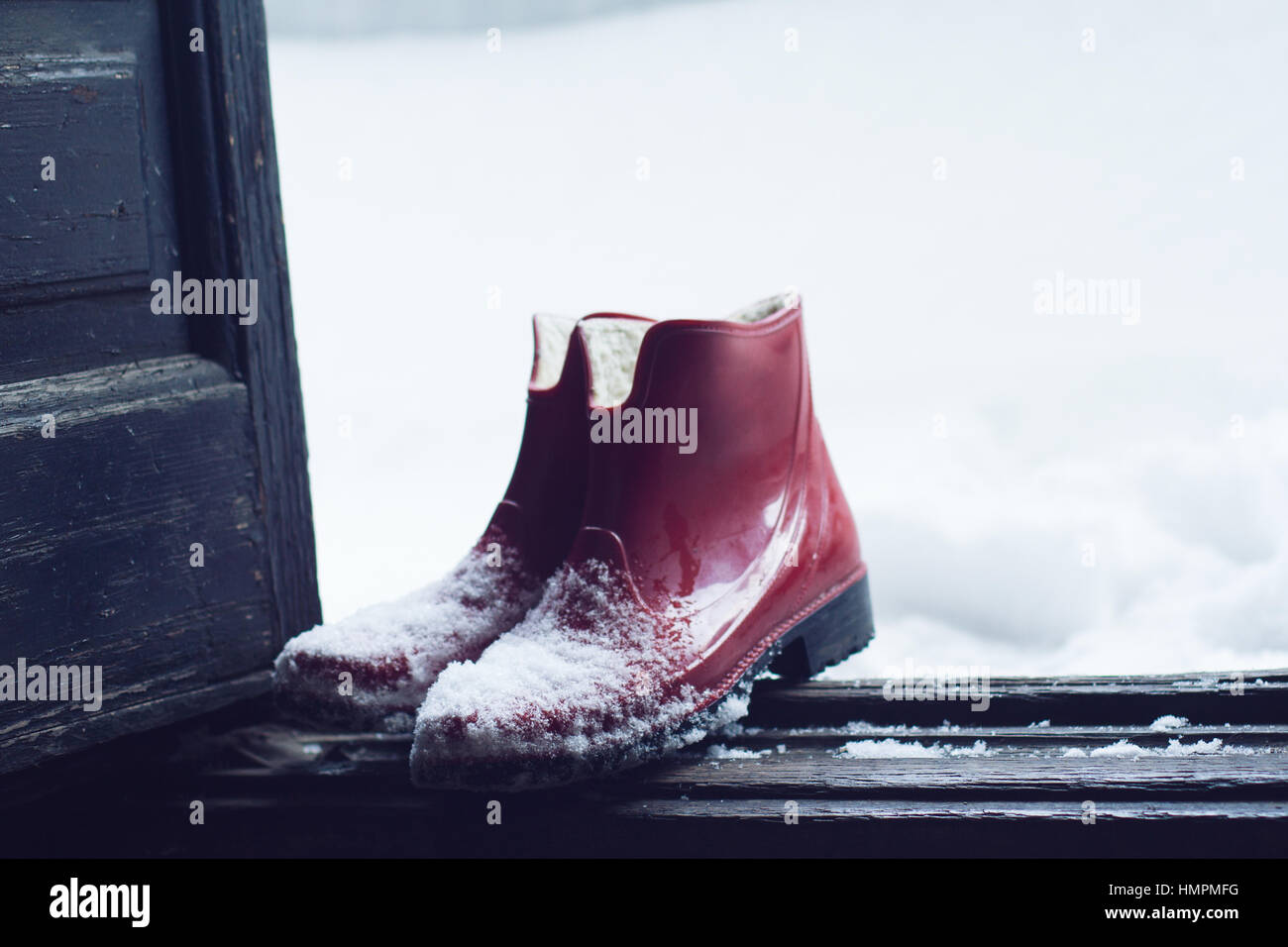 https://c8.alamy.com/comp/HMPMFG/front-view-of-a-pair-of-red-rubber-shoes-by-the-house-wooden-open-HMPMFG.jpg