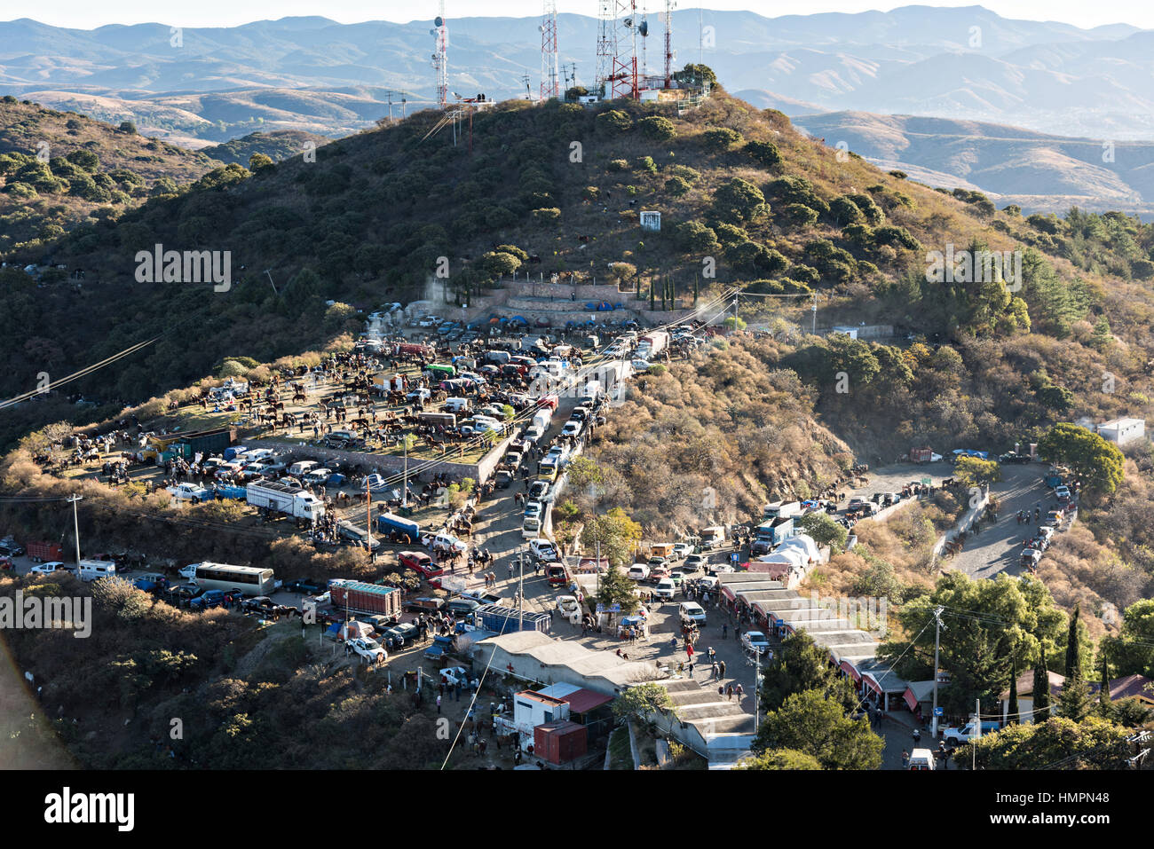 The camp sites of thousands of Mexican cowboys on Cubilete Mountain at the end of the annual Cabalgata de Cristo Rey pilgrimage January 6, 2017 in Guanajuato, Mexico. Thousands of Mexican cowboys take part in the three-day ride to the mountaintop shrine of Cristo Rey. Stock Photo