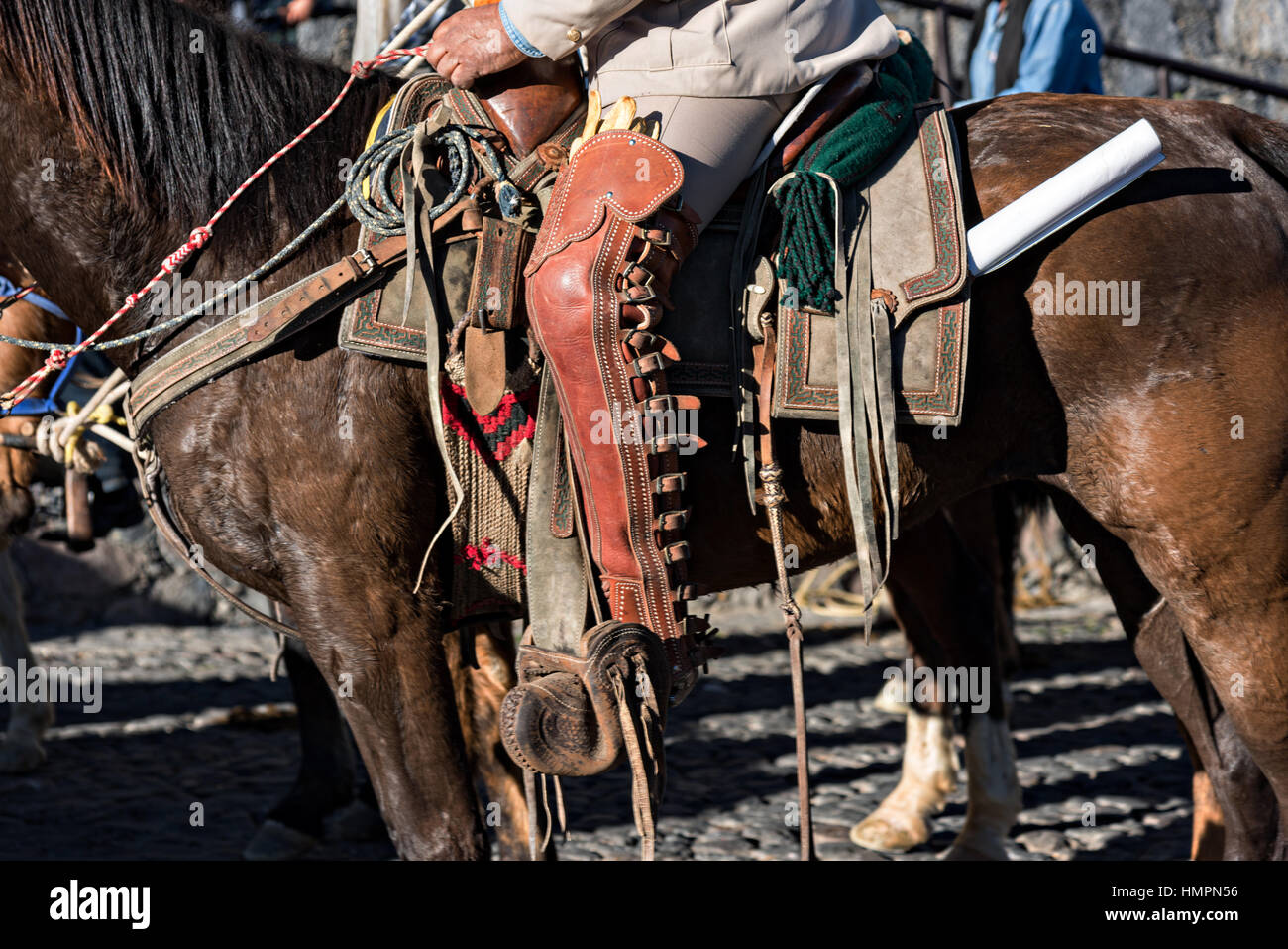 Leather chaps on a Mexican cowboy during the annual Cabalgata de Cristo ...