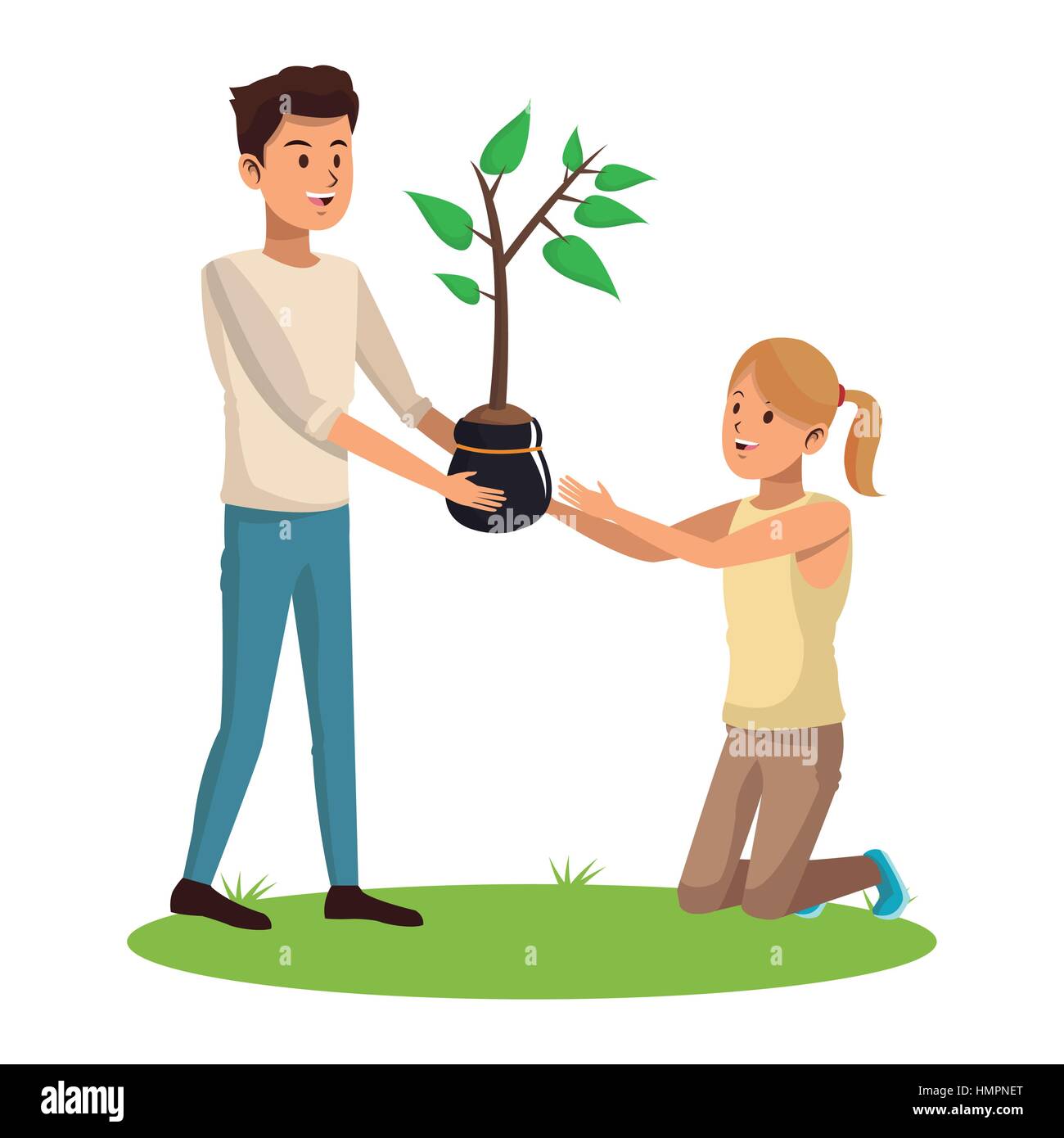 man and girl pot tree nature planting Stock Vector Image & Art - Alamy