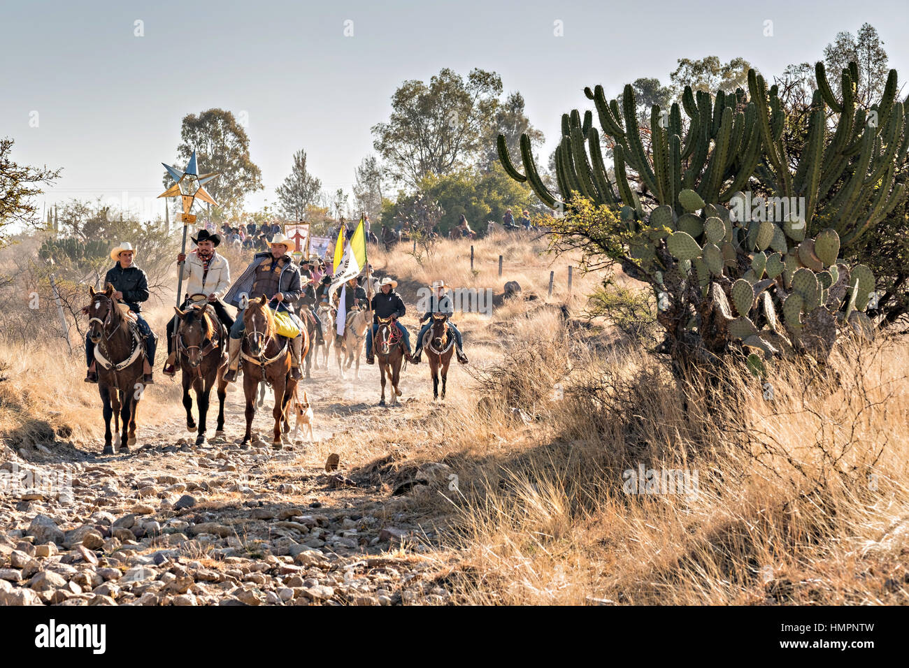 Hundreds of Mexican cowboys ride through the high desert during the annual Cabalgata de Cristo Rey pilgrimage January 5, 2017 in La Trinidad, Guanajuato, Mexico. Thousands of Mexican cowboys and horse take part in the three-day ride to the mountaintop shrine of Cristo Rey stopping along the way at shrines and churches. Stock Photo