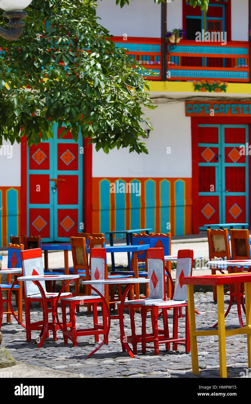 Street café patio tables and chairs El Jardin Stock Photo