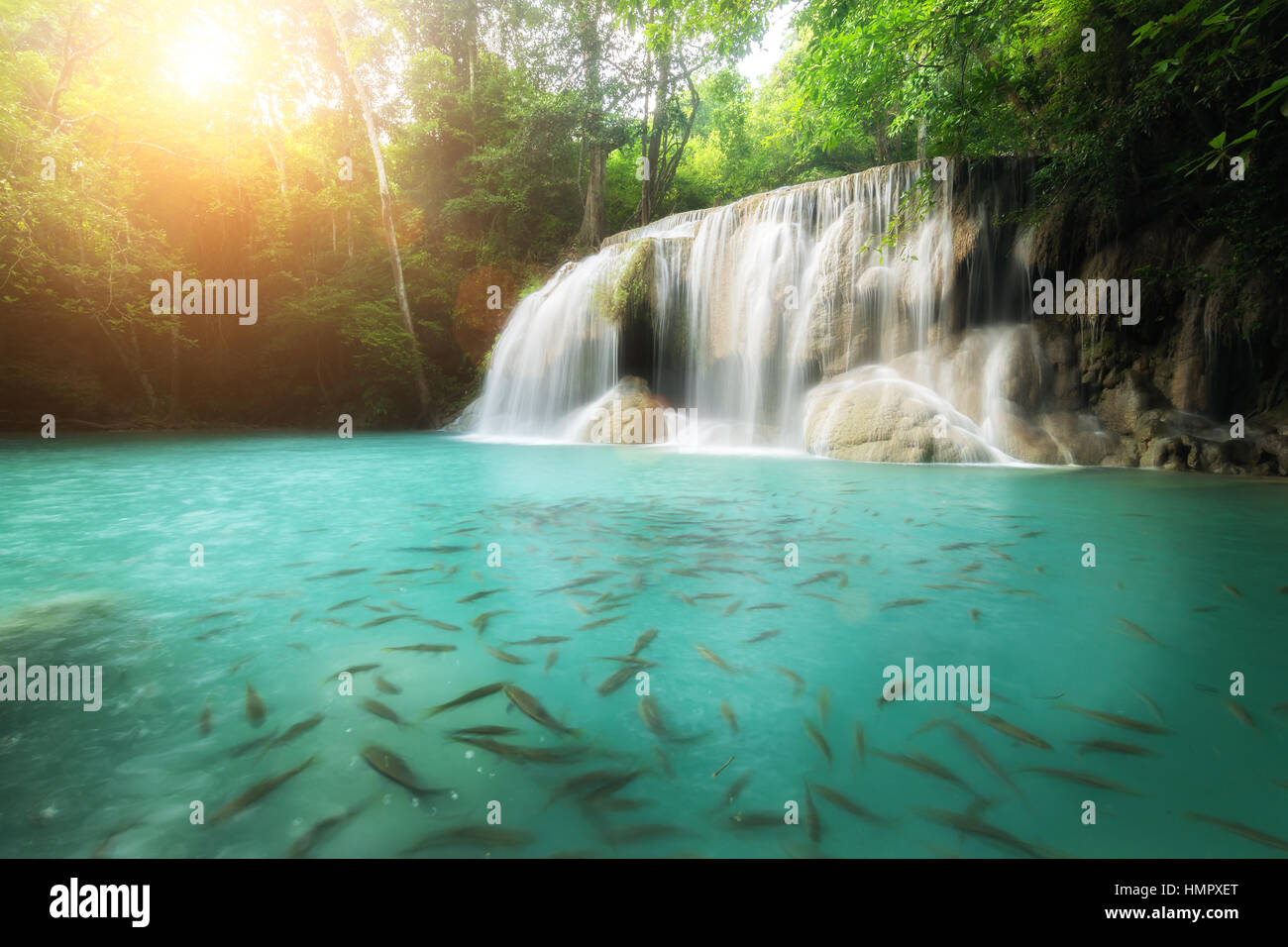 Erawan Waterfall in Kanchanaburi in Thailand. Beautiful waterfall in Thailand National Park Stock Photo