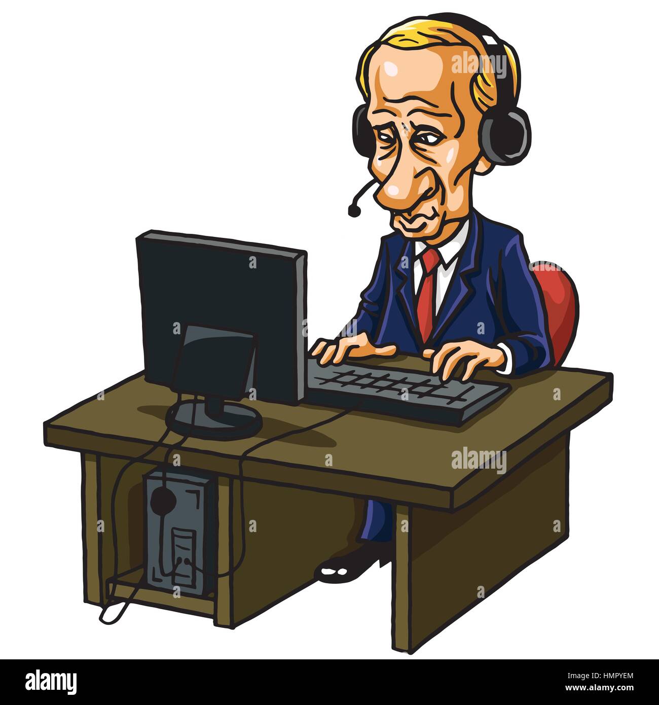 Vladimir Putin in Front of His Computer. Cartoon Caricature Vector Illustration Stock Vector