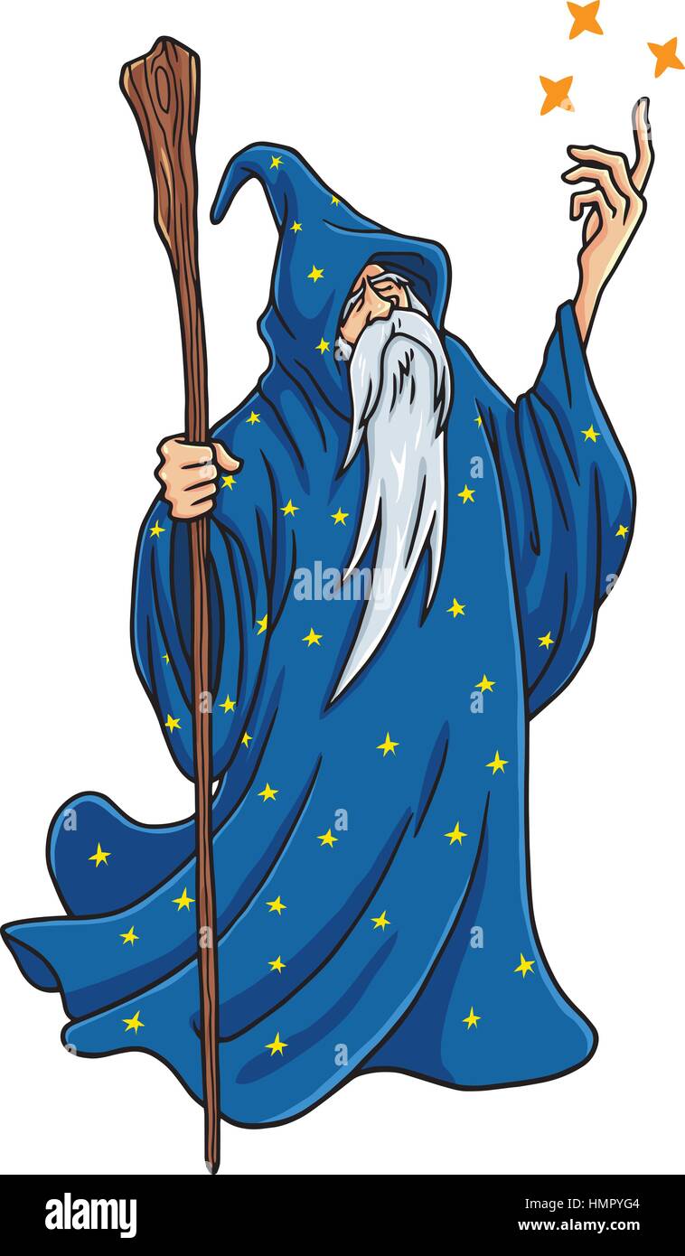 Wizard Cartoon with Blue and Stars Clothes Character Design Mascot Vector Illustration Stock Vector