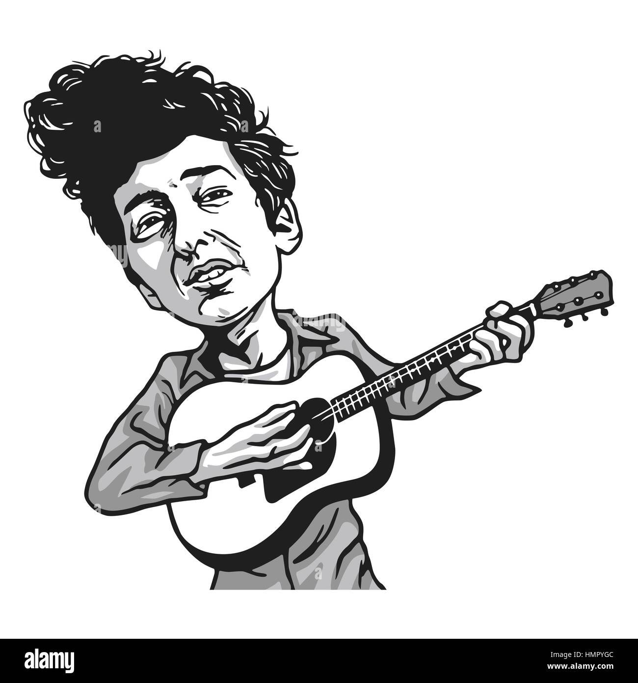 Bob Dylan Cartoon Playing Guitar. Black and White Cartoon Stock Vector