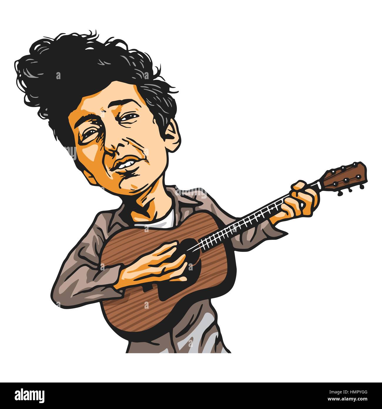 Bob Dylan Cartoon Playing Guitar. Cartoon Caricature Vector Stock Vector