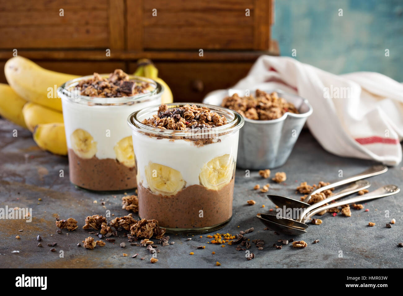 Chocolate Chia Pudding Parfait With Banana Granola And Yogurt Stock Photo Alamy