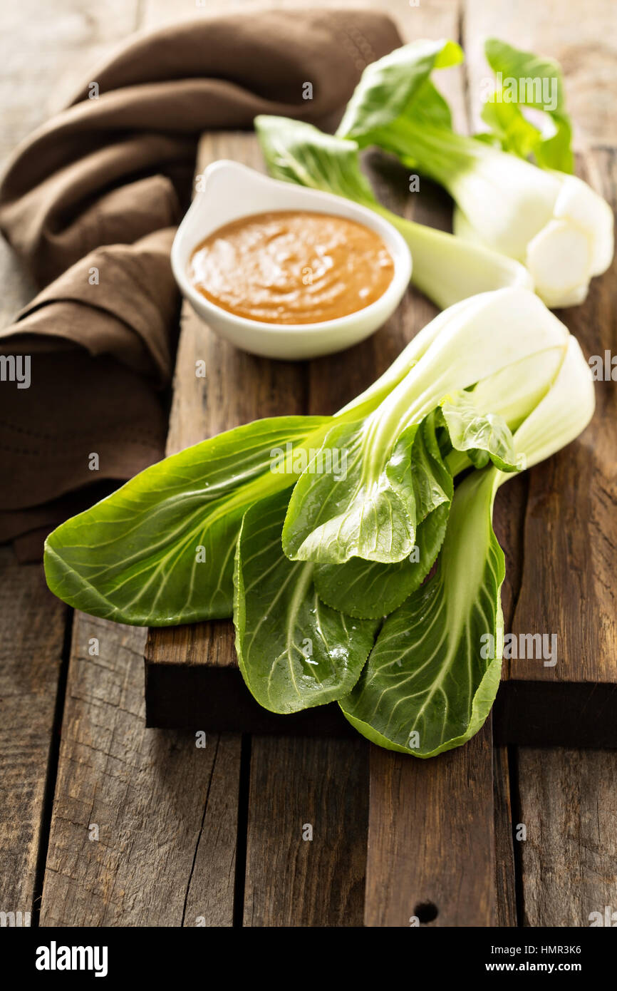Baby bok choy with peanut spicy sauce Stock Photo Alamy