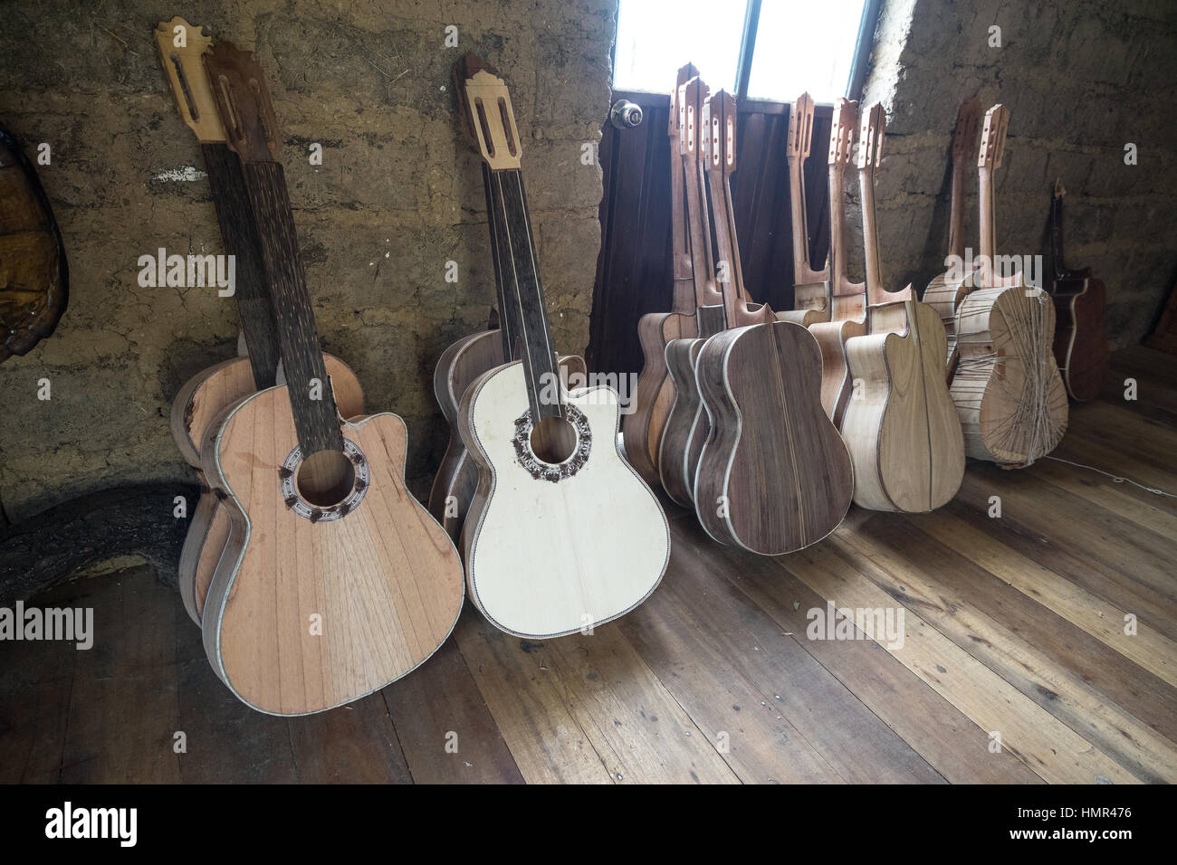 unfinished guitars in a luthier shop in Ecuador Stock Photo