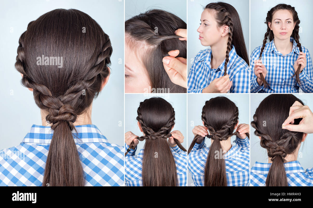hairstyle ponytail tutorial Stock Photo