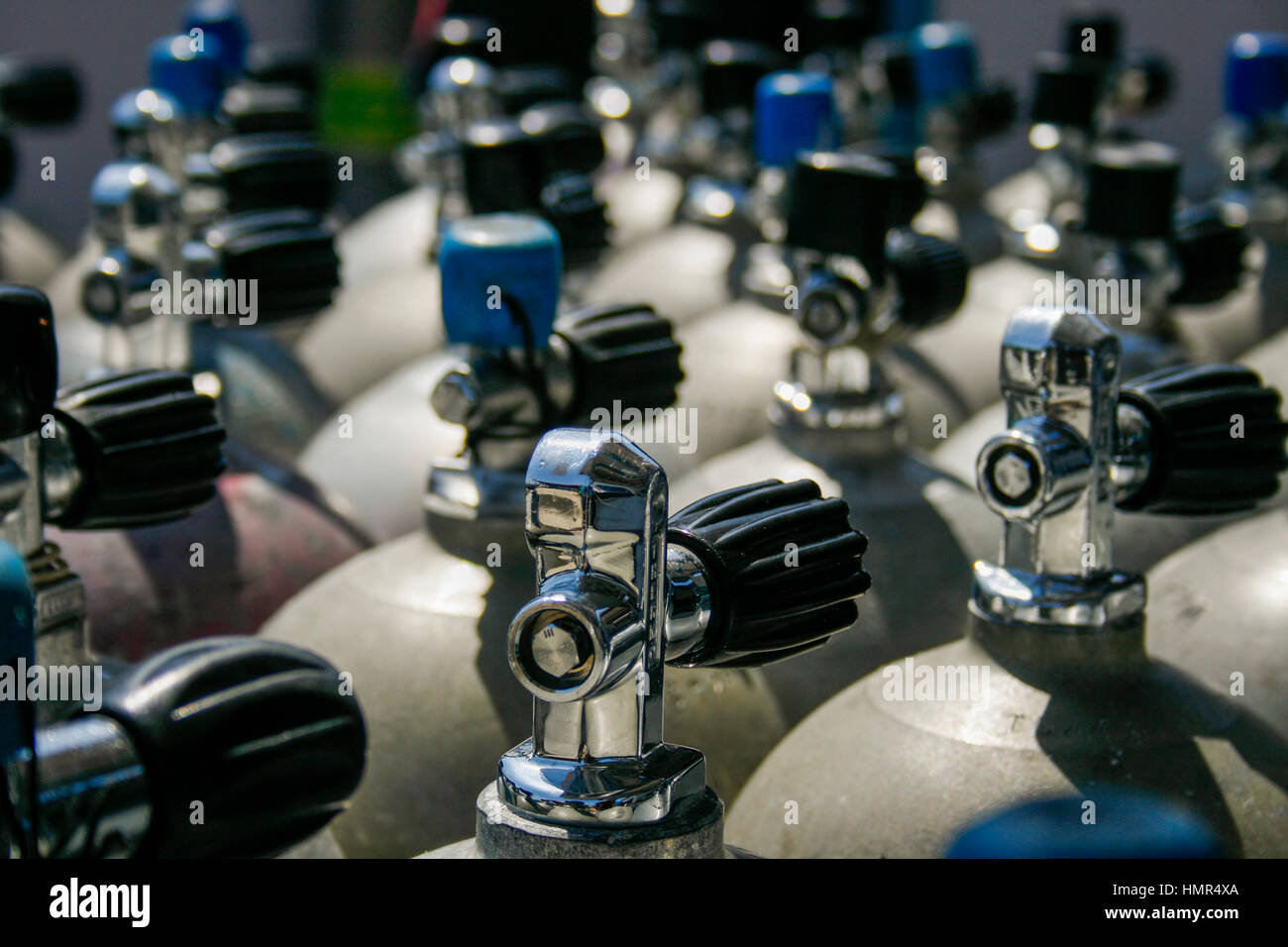 Scuba air tanks with valves Stock Photo Alamy