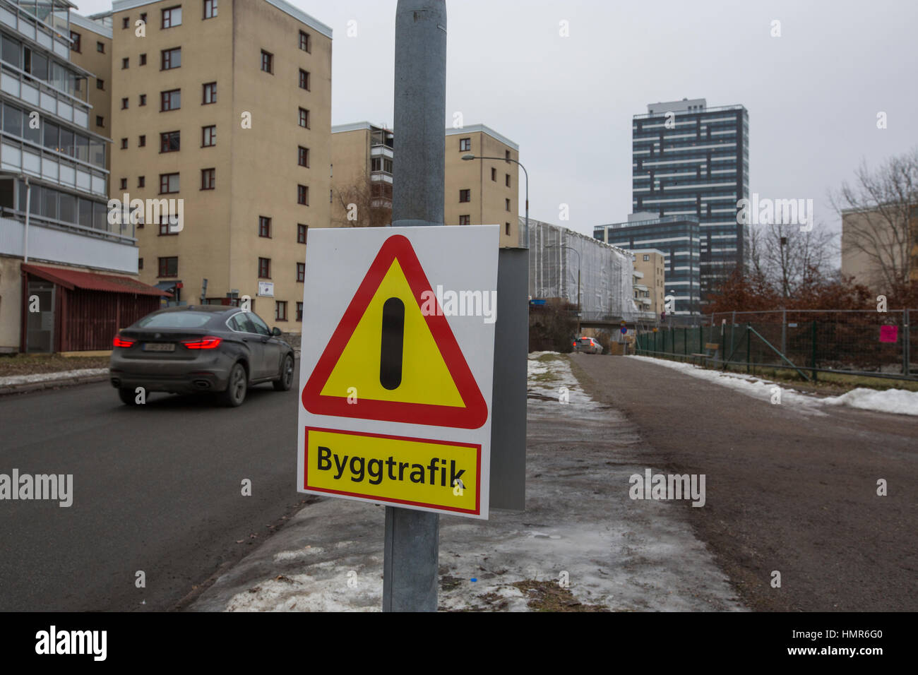 Pay attention, construction traffic in the area, Kista, Stockholm, Sweden. Stock Photo