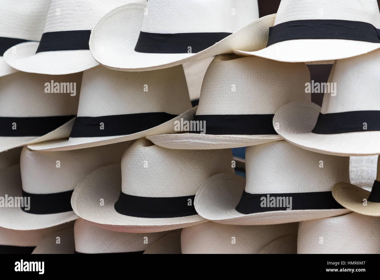 handcrafted Panama hats in the market stand of a street vendor Stock Photo