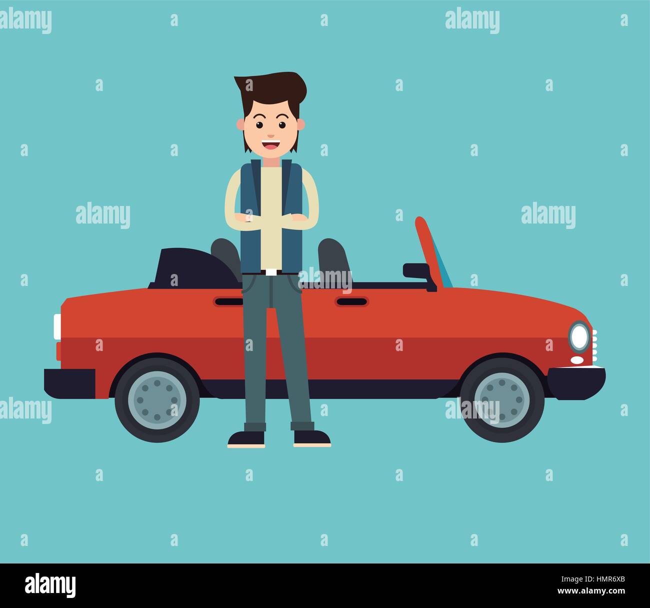 young man croos arms stylish convertible car sport Stock Vector