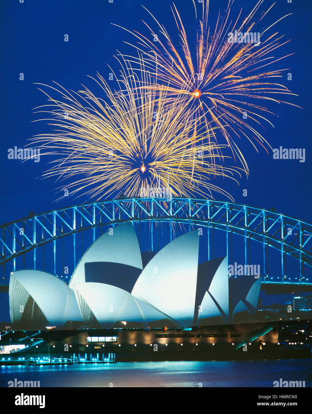 Fireworks over Sydney Harbour Bridge and Opera House, Australia Stock Photo