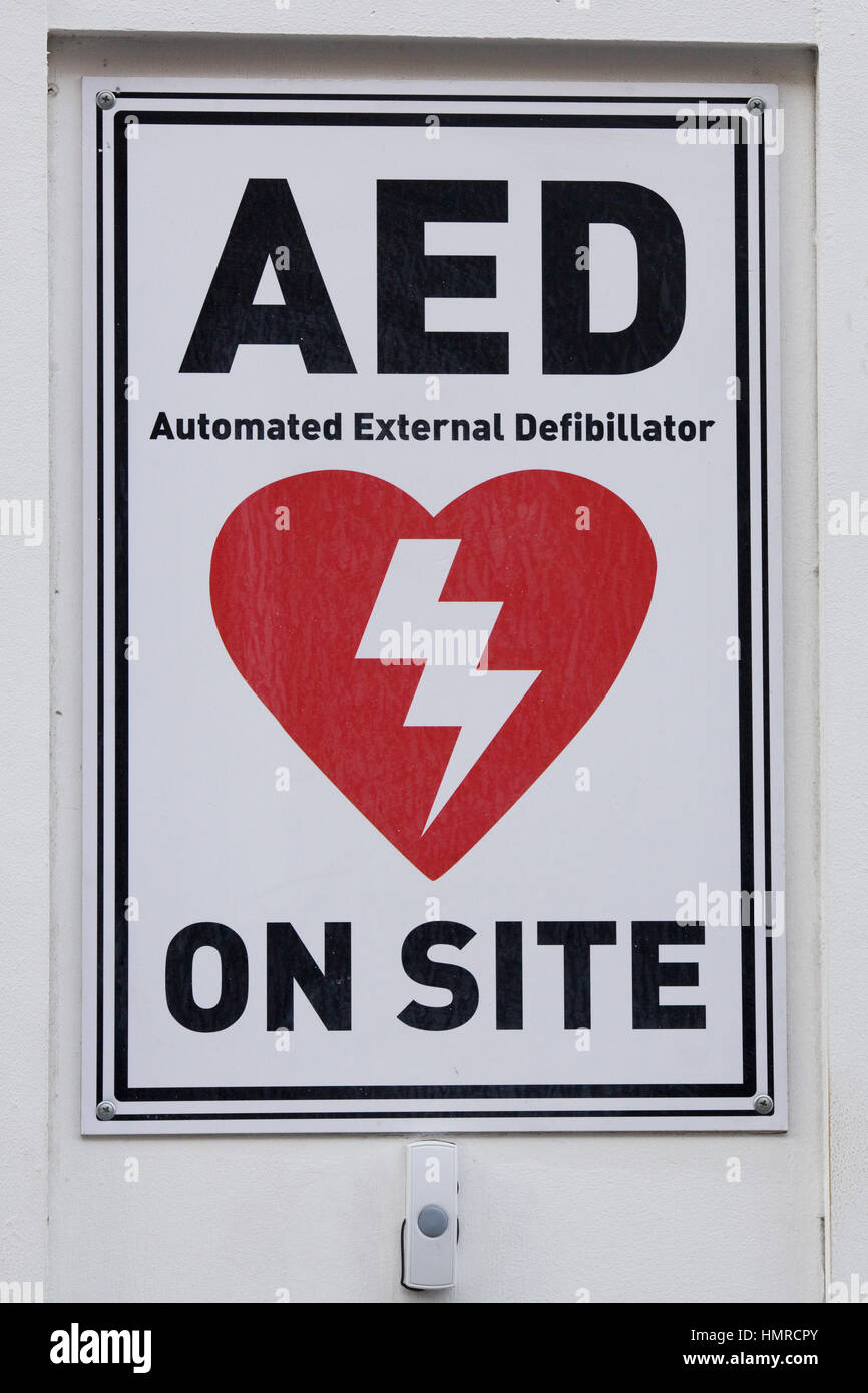 Heart safe Automated External Defibrillator on site sign Stock Photo