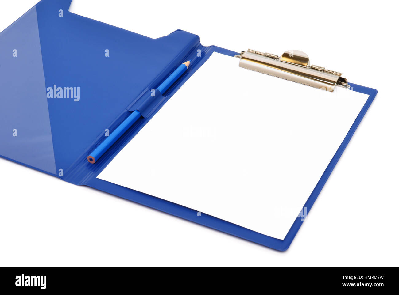Blue folder with white sheet and pencil on it isolated on white Stock Photo