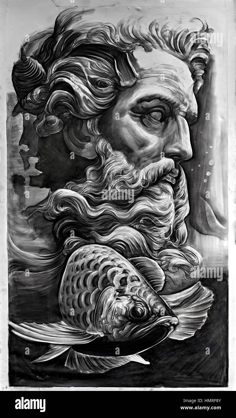 Painting of Neptune, Greek God of the Sea. Black and white photography Stock Photo
