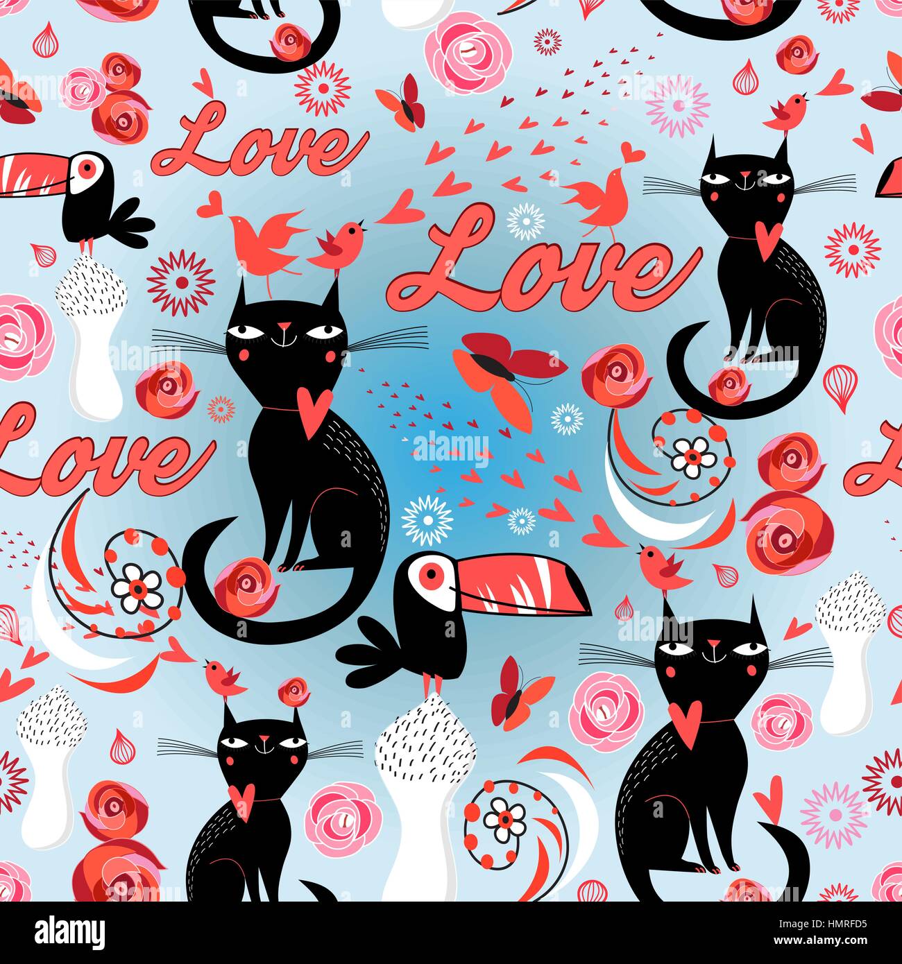 Seamless festive pattern with lovers cats and birds Stock Vector Image ...