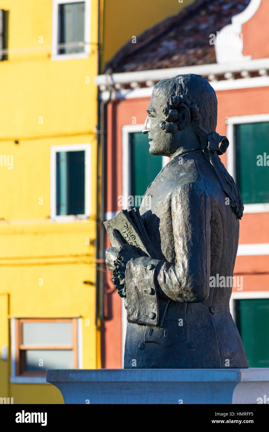 Statue of Italian composer Baldassare Galuppi in Plazza D Galuppi, Burano, Venice, Italy in January Stock Photo