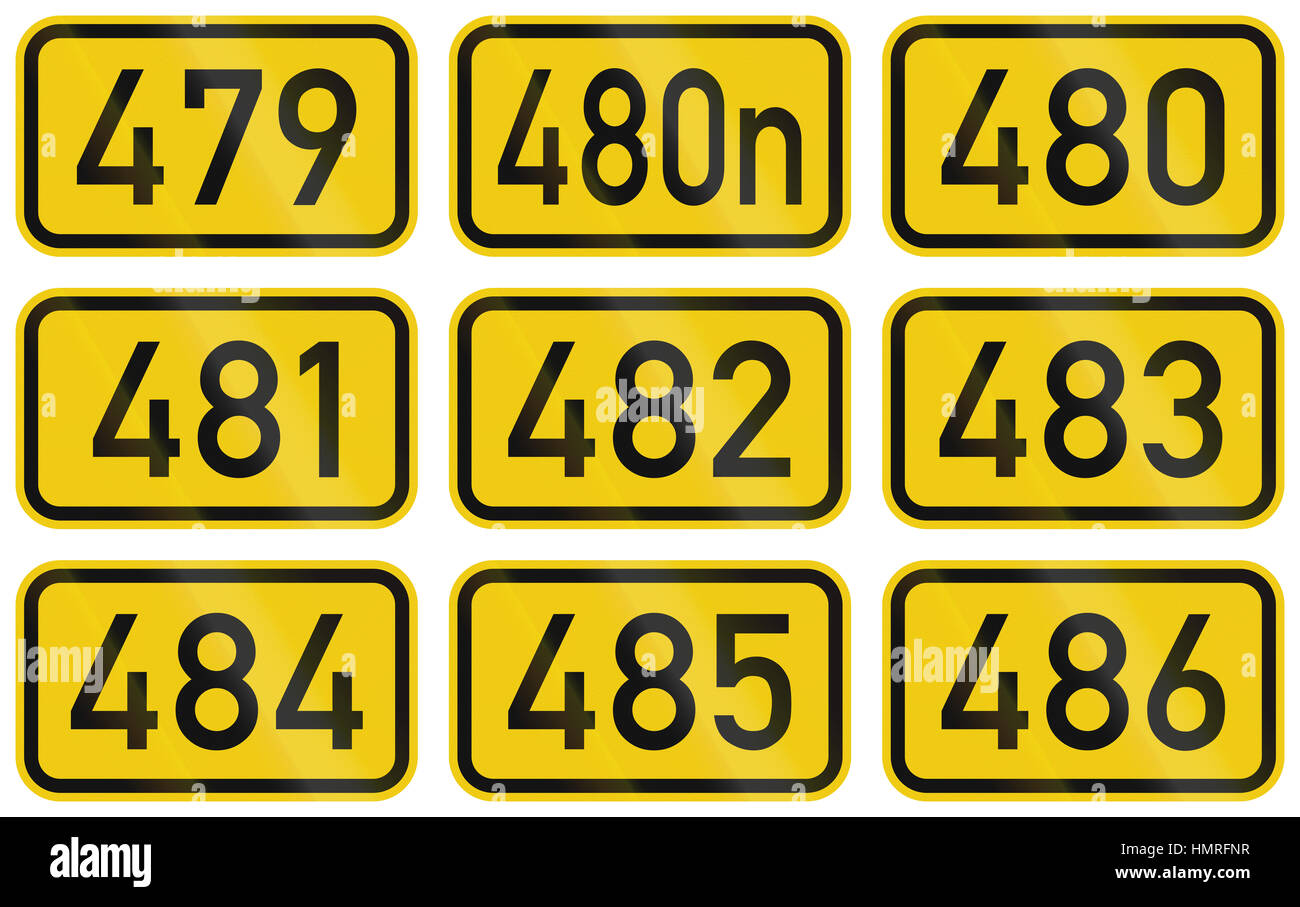Collection of Numbered highway shields of German Bundesstrassen (Federal roads). Stock Photo