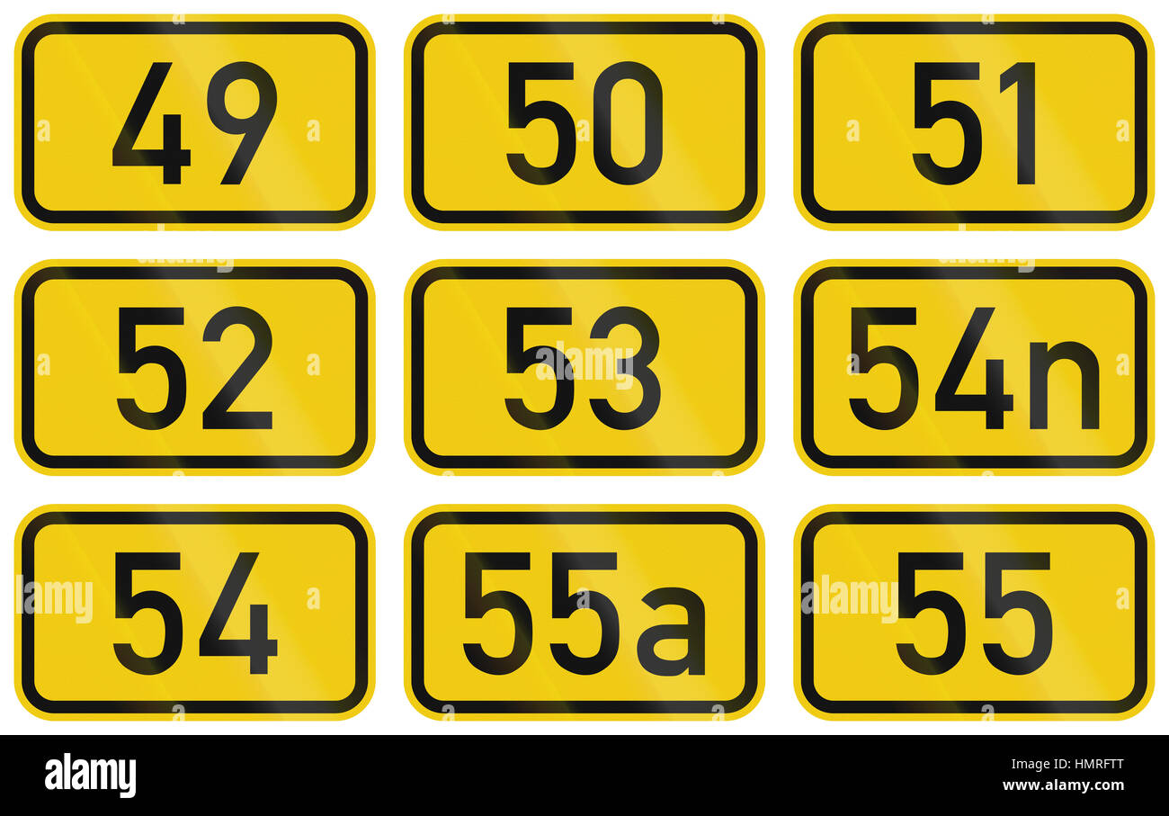 Collection of Numbered highway shields of German Bundesstrassen (Federal roads). Stock Photo