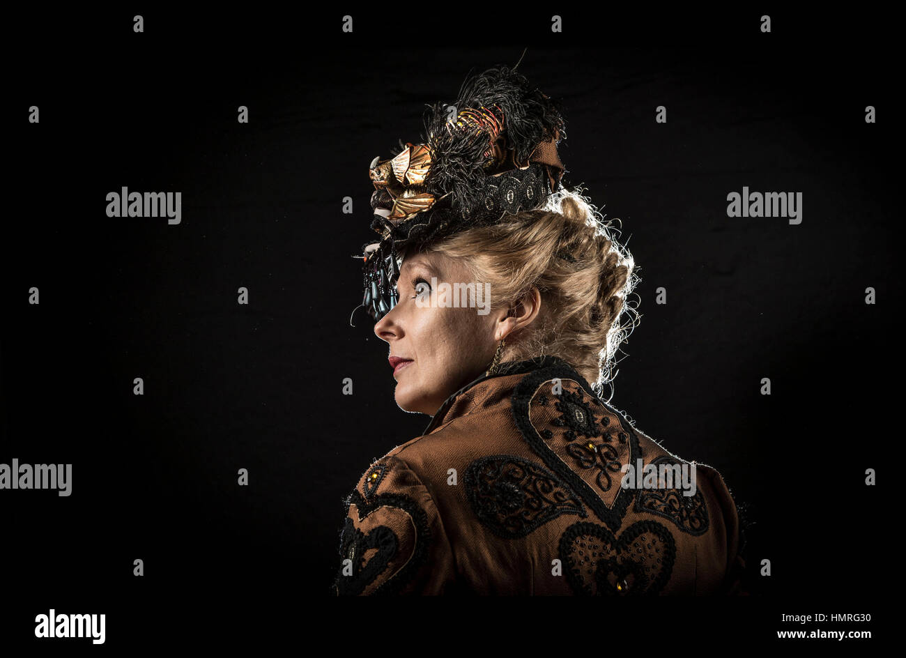 A portrait of Jeannette Brackenbury attending the Whitby Steampunk Weekend in Whitby, Yorkshire. Stock Photo