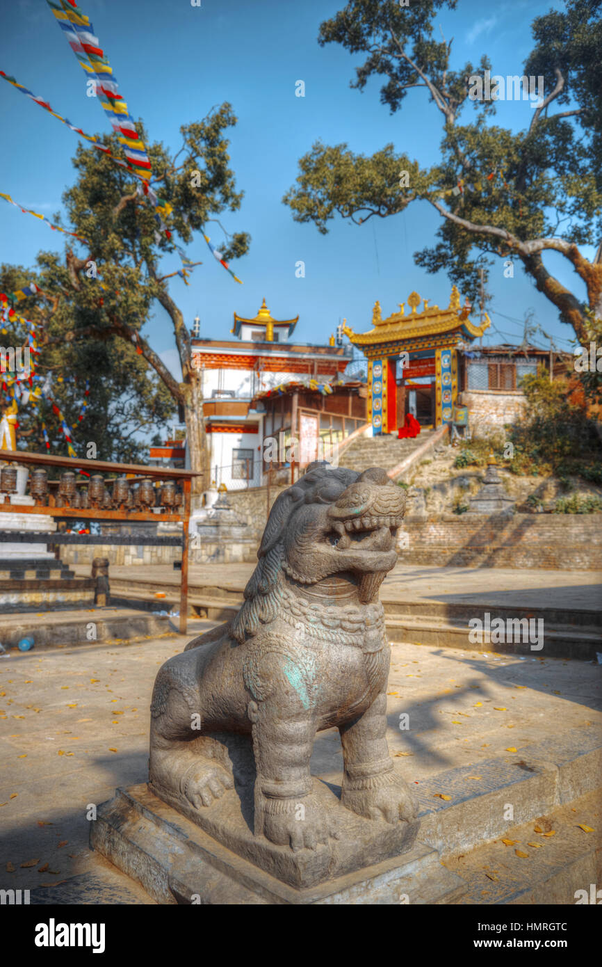 Swayambhunath - the Buddhist temple and the village center on the outskirts of Kathmandu in Nepal. Monkey Temple. Stock Photo