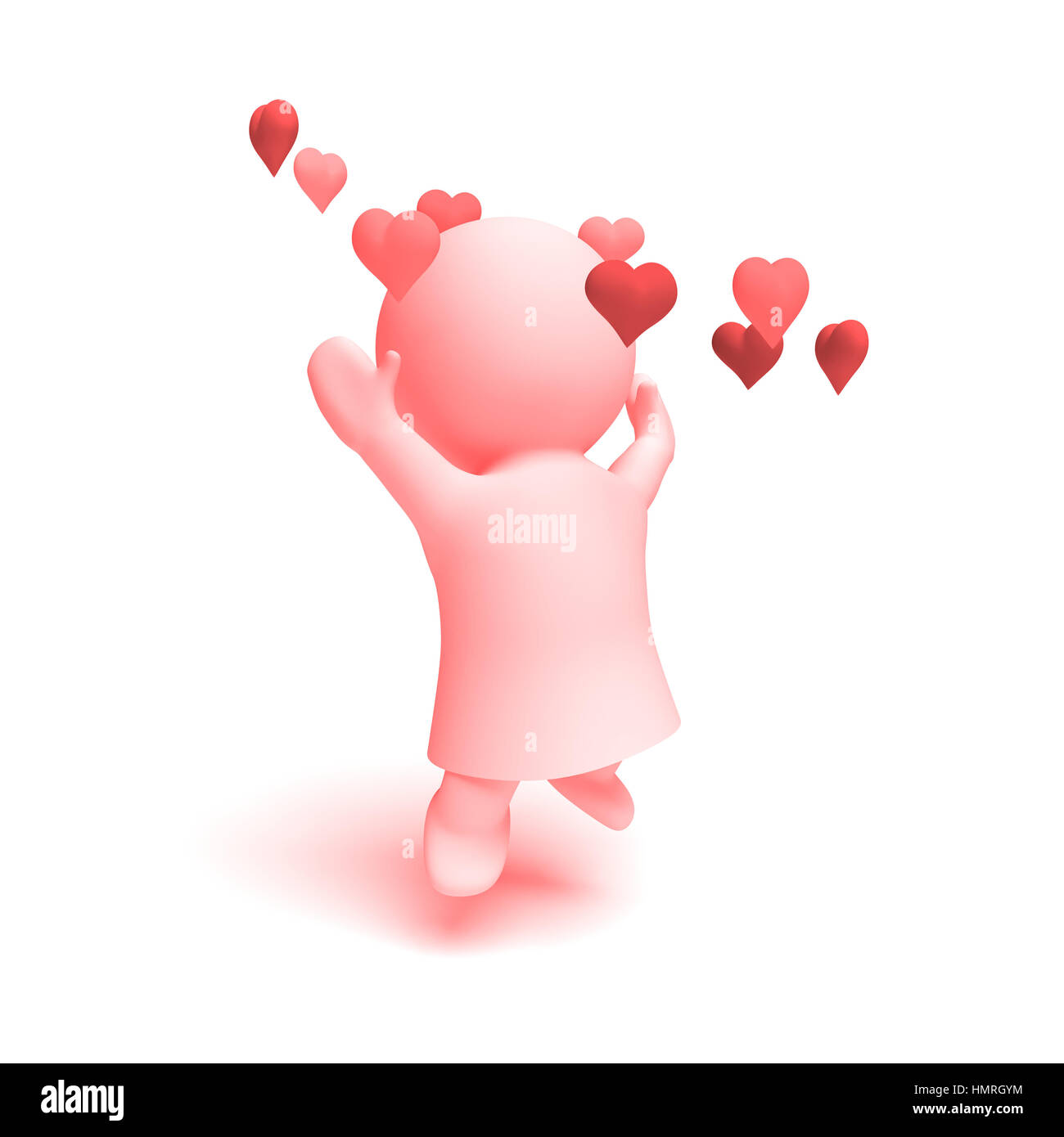 cute human 3d character in shades of pink wearing a dress cheering happily in a ring of hearts  (3D illustration isolated on a white background) Stock Photo