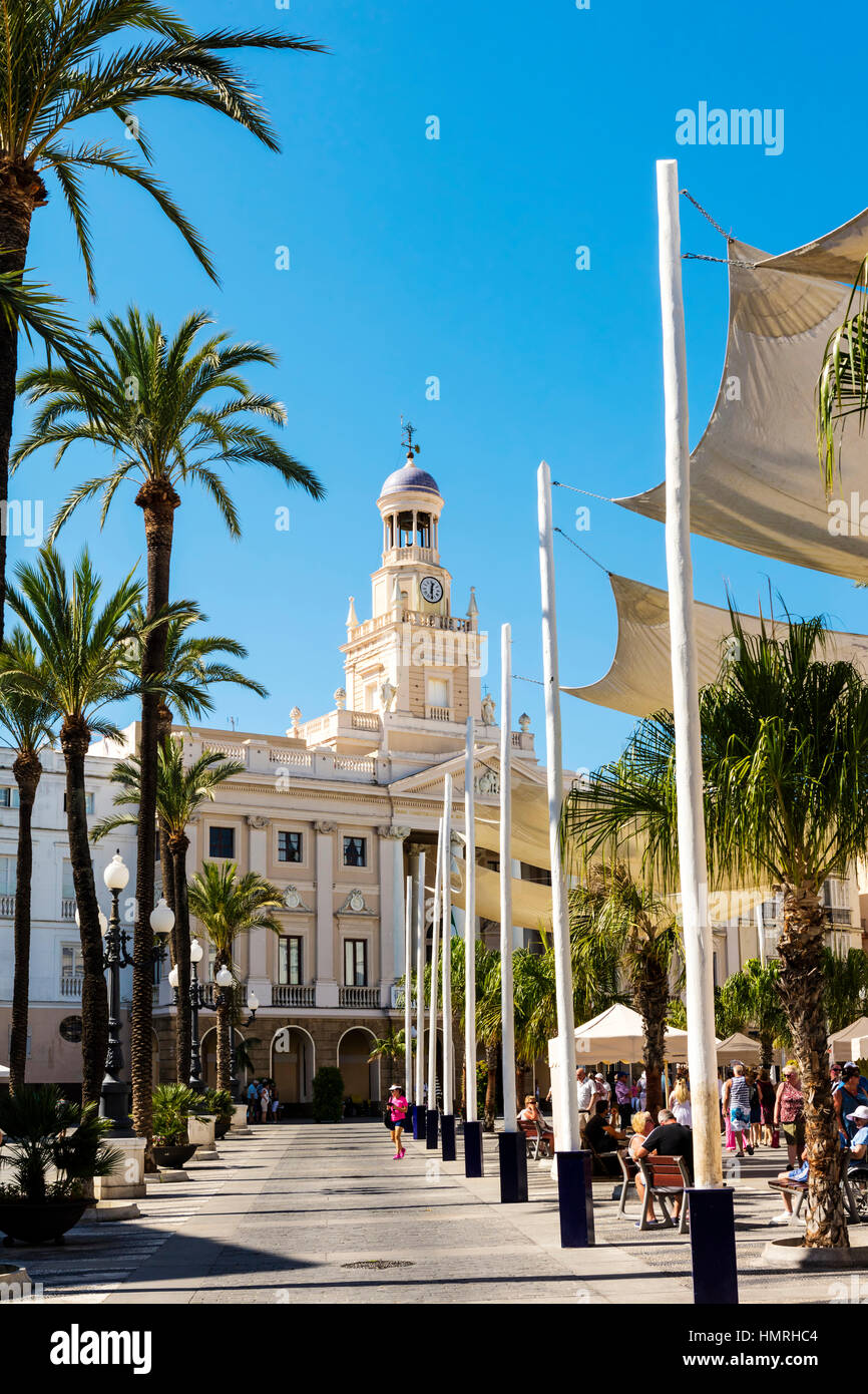 Important building of Town Hall dates from around 1799 at the Plaza de San Juan de Dios in the centre of Cadiz. Stock Photo