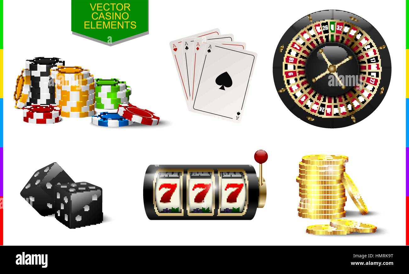 Casino icon isolated on white background. Chip, poker card, roulette, slot machine, coins money and black dice set Stock Vector