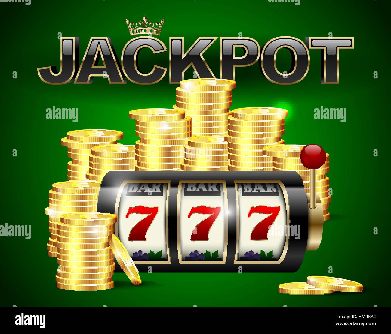 Slot machine with lucky seven and golden coins and red black jackpot text with crown on green casino background Stock Vector
