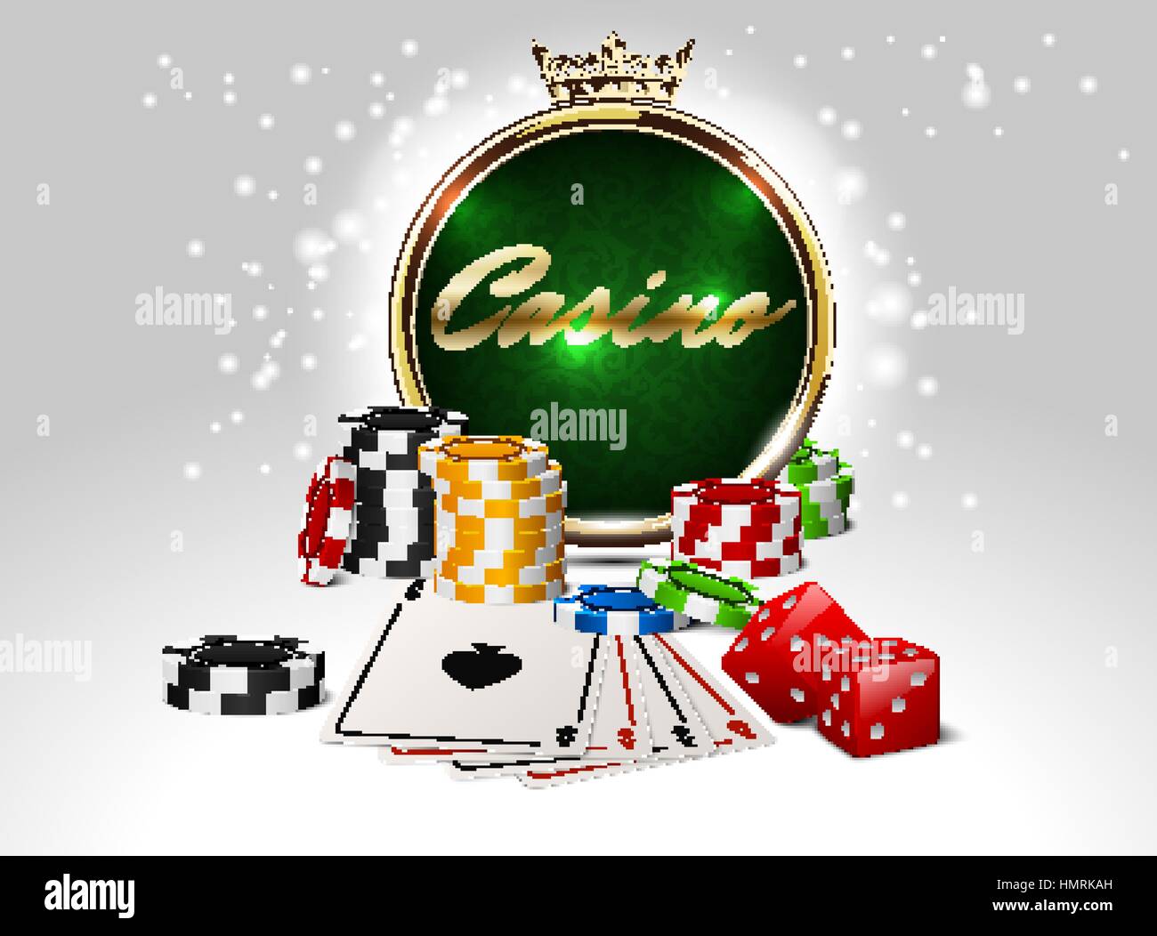 Round casino golden frame with crown, stack of poker chips, ace cards and red dice on green background. Online club emblem Stock Vector
