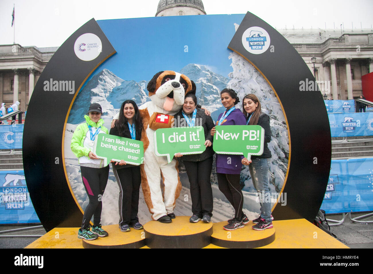 London UK. 5th February 2017. Participants take part in the London 10 k winter run in aid of Cancer Research UK which starts and ends in Trafalgar Square London Credit: amer ghazzal/Alamy Live News Stock Photo