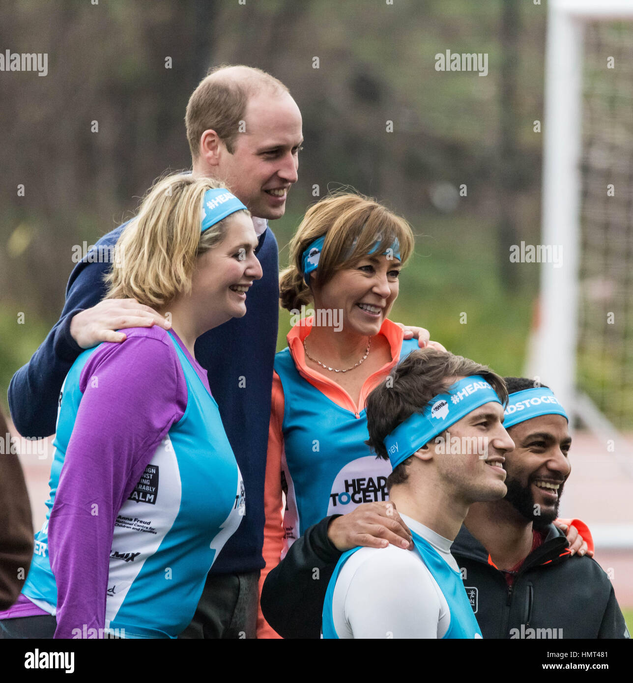 London, UK. 5th February, 2017. The Duke of Cambridge (Prince William) with journalist Sian Williams (C) join a training day at the Queen Elizabeth Olympic Park with the runners taking part in the 2017 London Marathon for Heads Together, the official charity of the year. © Guy Corbishley/Alamy Live News Stock Photo