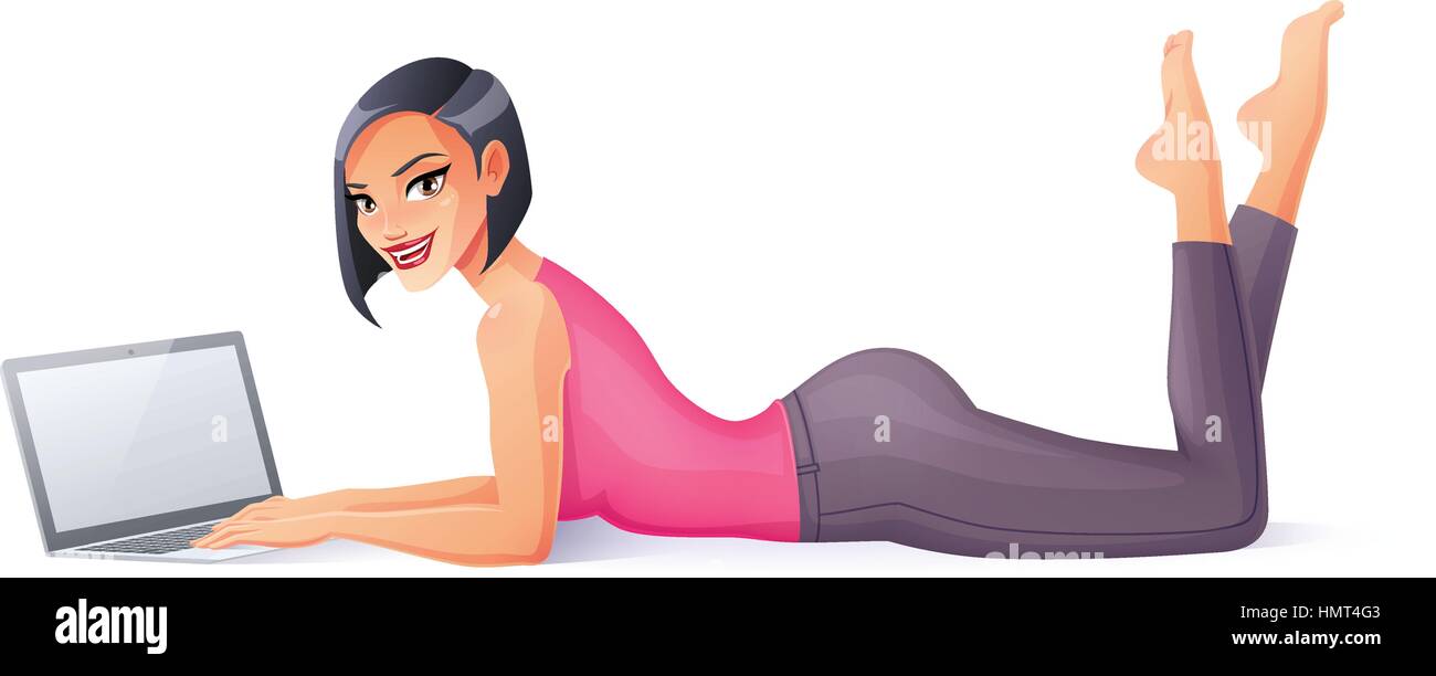 Vector positive young woman working with laptop lying on floor Stock ...