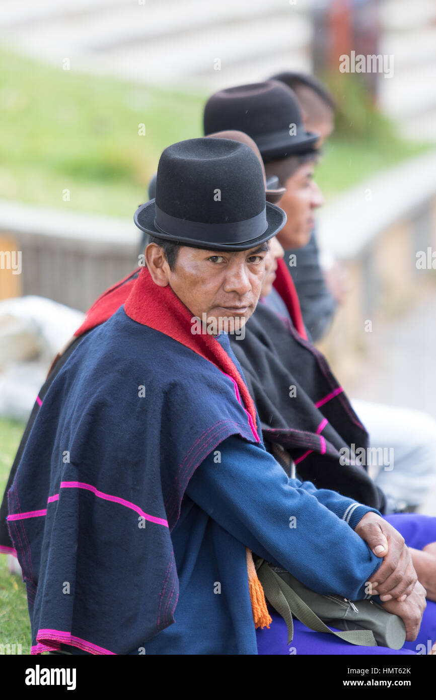 September 6, 2016 Silvia, Colombia: Guambiano indigenous men dressed traditionally clothing Stock Photo