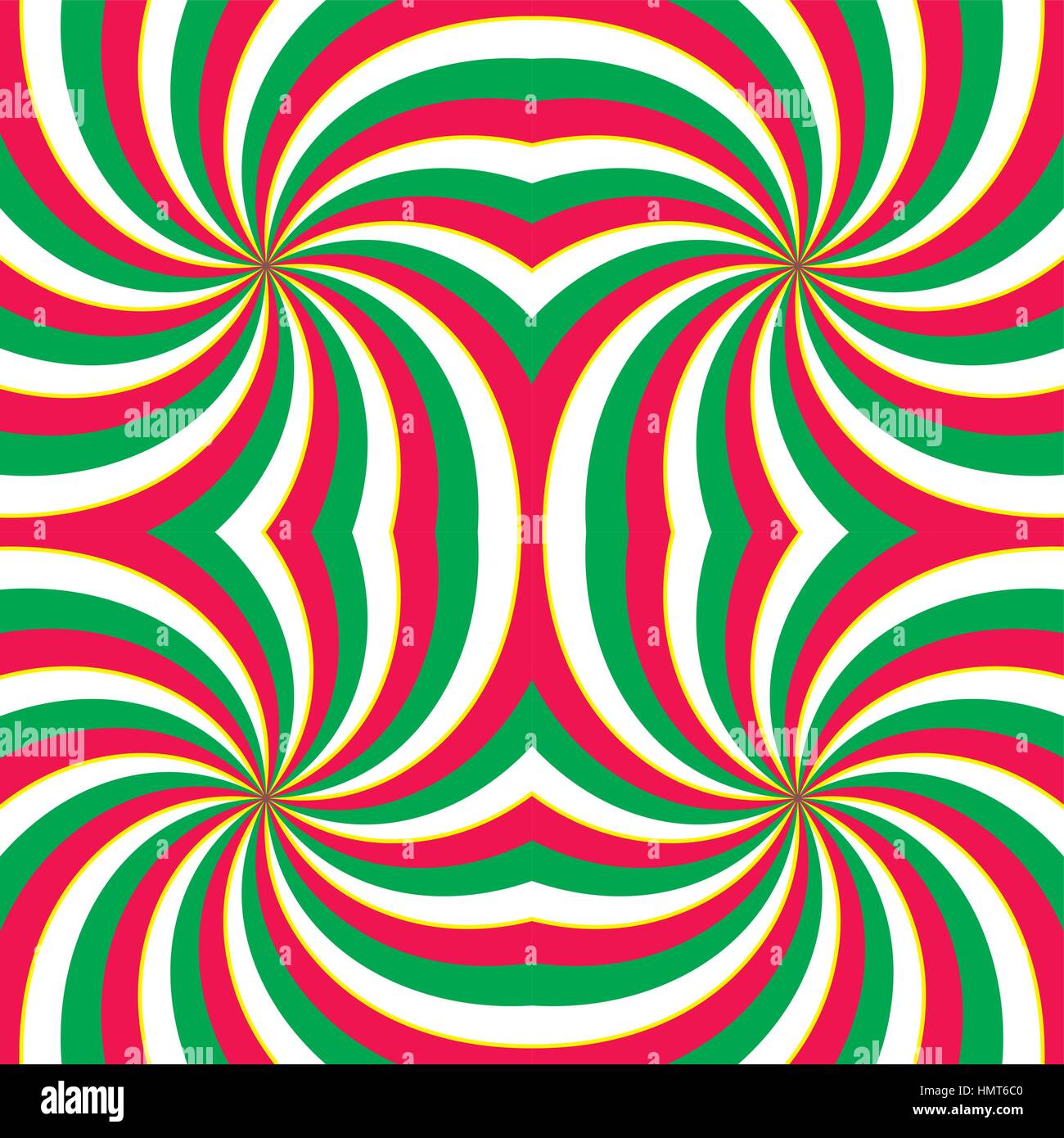 Hypnotic swirling radial vortex background. Red, green and white stripes swirling into square. Vector illustration in EPS8 format. Stock Vector